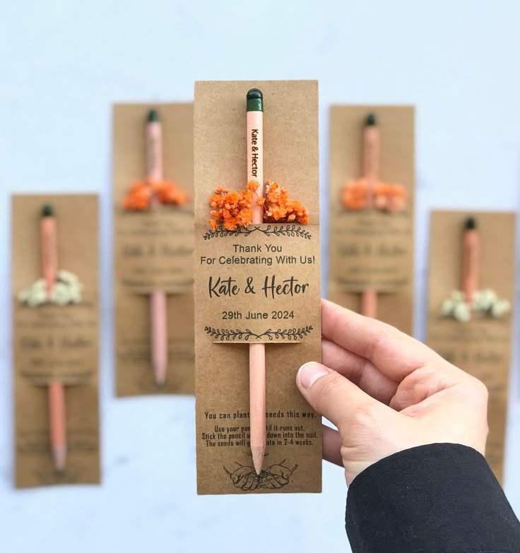 Give back through your wedding with ethical wedding planning favors like plantable seed pencils on kraft paper cards