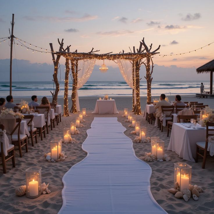 Serene beach wedding setup at sunset with fairy lights, candles, and driftwood arch—an ideal venue for ethical wedding planning with natural beauty