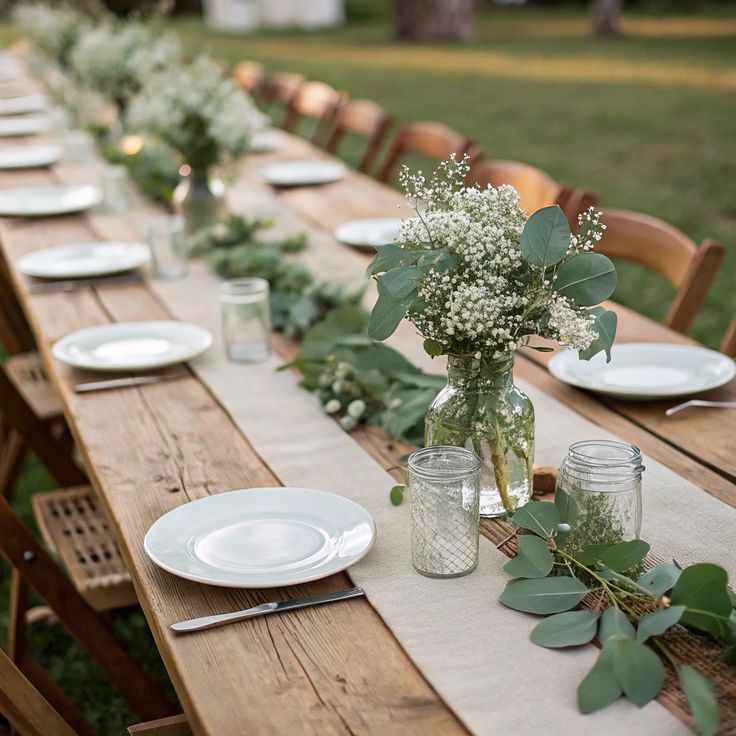 Rustic wedding table setup with greenery and eco-friendly decor, perfect for ethical wedding planning with a sustainable and minimalist touch.