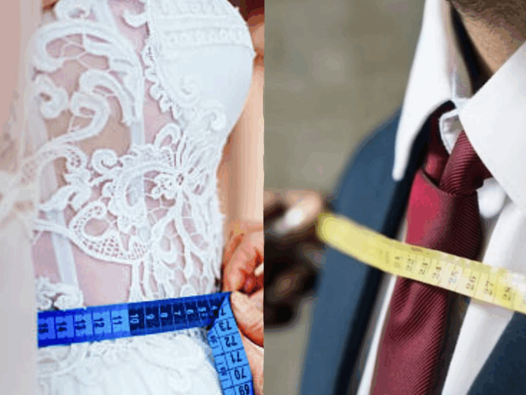 Couples taking measurements for a wedding dress and suit, an important step in the wedding planning timeline.