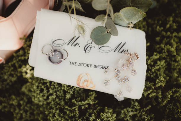 Wedding rings resting on an embroidered cloth reading "Mr. & Mrs. THE STORY BEGINS," an intimate detail to personalise your wedding.