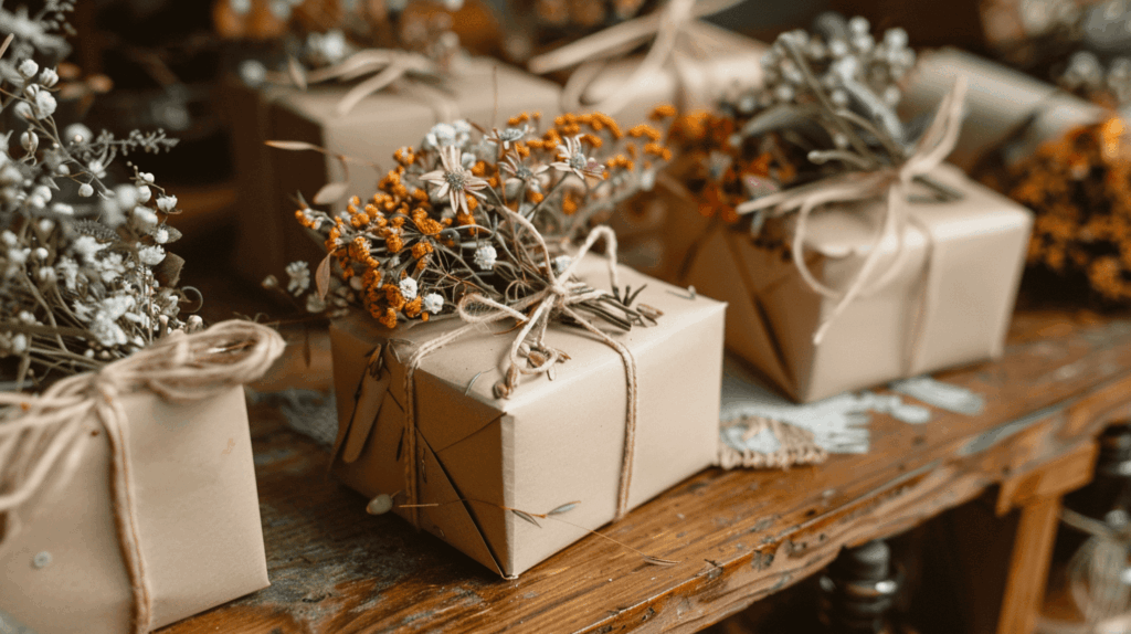 Beautifully wrapped wedding favors adorned with dried flowers, indicating personalized guest experience wedding trends.