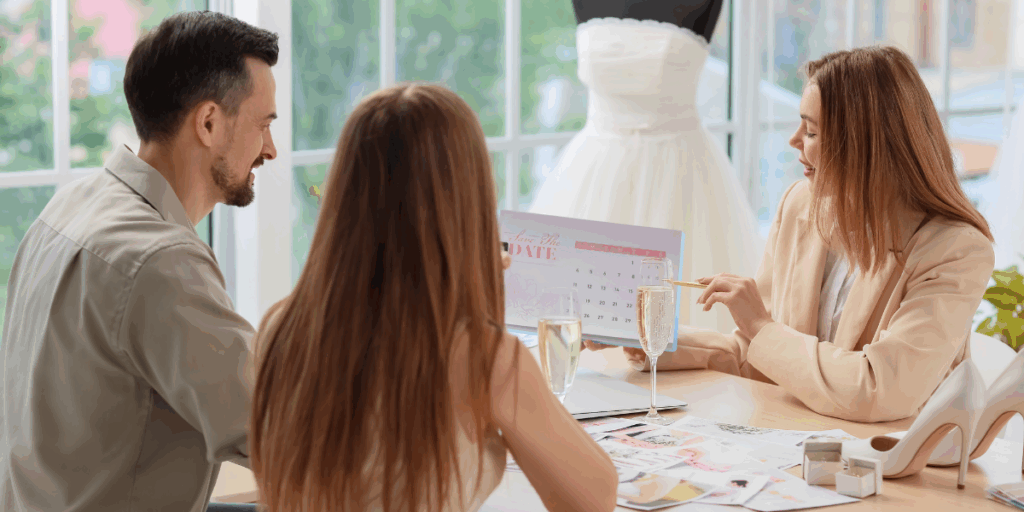 A wedding planner discussing details with a couple, highlighting the comprehensive involvement of a wedding planner.